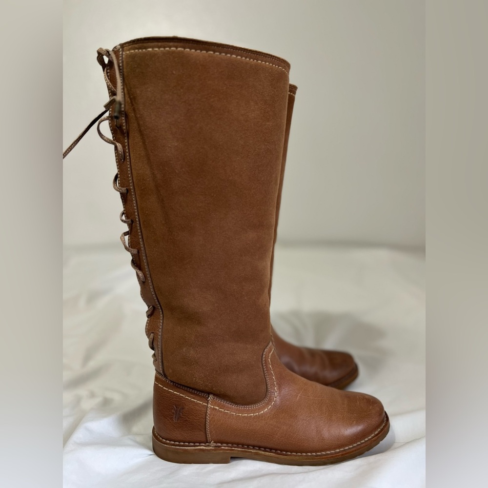 Frye Riding Cozy Tall leather Shearling lined Equestrian Boots Lace Up Back - Picture 5 of 13